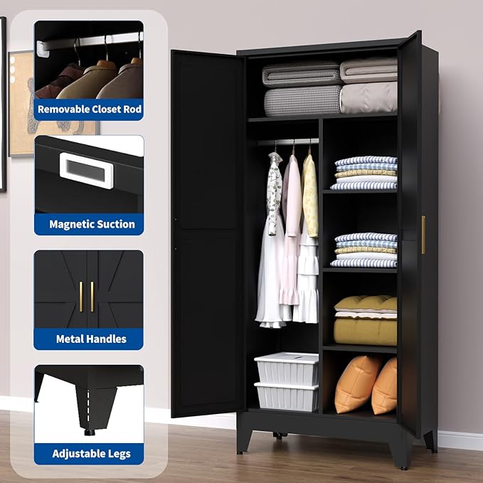Steel Armoire Wardrobe Closet, 71" Metal Clothing Storage Cabinets with 2 Doors & 3 Adjustable Shelves, Black Wardrobe Cabinet with Hanging Rod for Bedroom, Gym