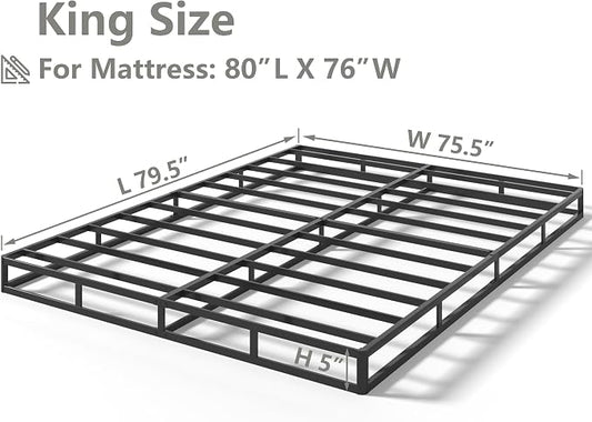 Qingzhou Box Spring King Bed Bases, 5 Inch High Metal King Size Box Spring Only, Heavy Duty Mattress Foundation with Fabric Cover, Easy Assembly, Quiet Noise Free, Non Slip, Black