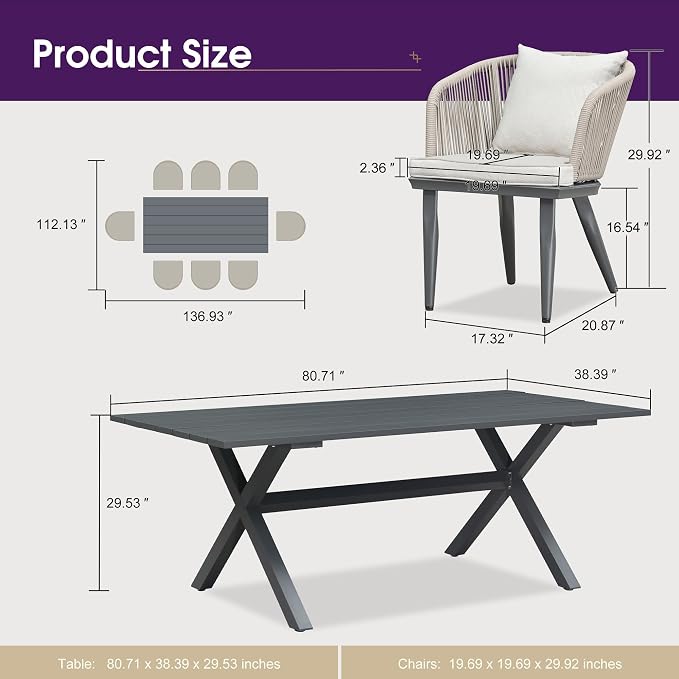 PURPLE LEAF 9 Pieces Patio Dining Set Wicker Outdoor Furniture Rectangular Table and Chairs Set for Garden Deck Aluminum Frame Backyard Kitchen Set, Cushions and Pillows Included Taupe