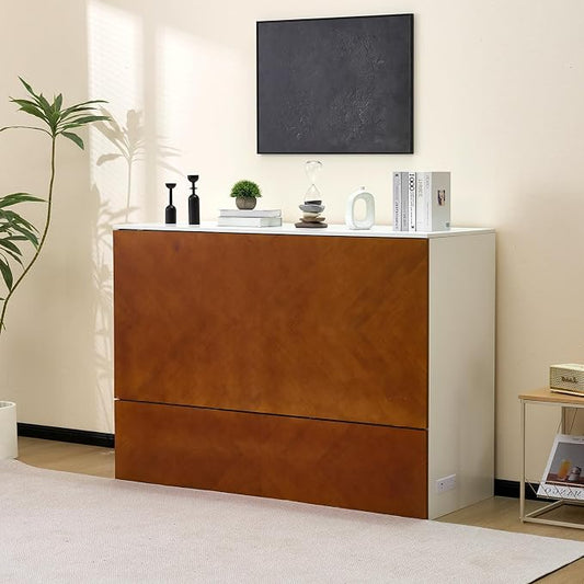 VINGLI Queen Murphy Bed with Storage Drawer,2 Charging Station,Rustic & Scandinavian Style Foldable Bed Cabinet,Hideaway Paltform Panel Bed for Small Room,Guest Room,Office,Apartment,Golden Brown