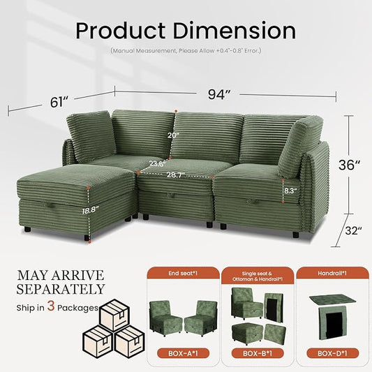 KKL Sectional Couches L-Shaped for Living Room 4 Seater Modular Couch with Storage Ottoman, Plush Wide-Wale Corduroy Couch,Modular Sectional Sofa, Apartment, Modern Design, Green