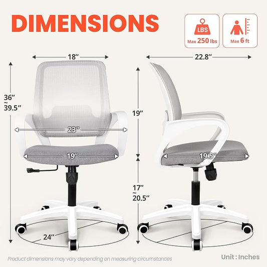 NEO CHAIR Office Desk Ergonomic Computer Mesh Chair with Lumbar Mid Back Support Adjustable Height Swivel Rolling Wheels Comfy Task Vanity Chair for Home Bedroom Study (Grey)