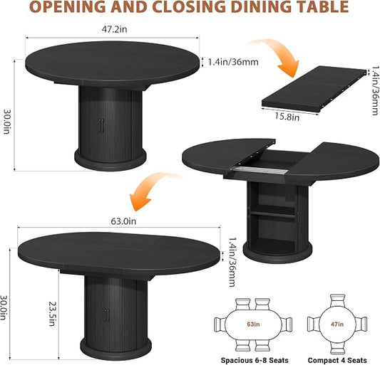 Jocoevol Extendable Round Kitchen Dining Room Table for 4-6 with 2-Tier Storage Shelf, 63'' Space Saving Expandable Wood Oval Circle Dinner Furniture with Pedestal Base(Black)