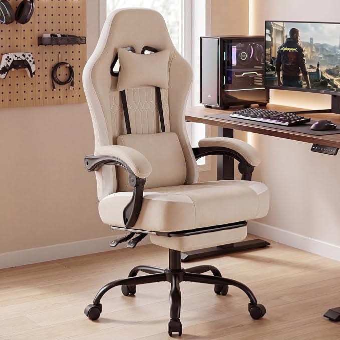 DUMOS Gaming Chair with Linkage Armrests, Video Game Chairs with Pocket Spring Cushion, Ergonomic Computer Silla Gamer Office Desk Chair with Footrest for Adults & Students, Light Brown