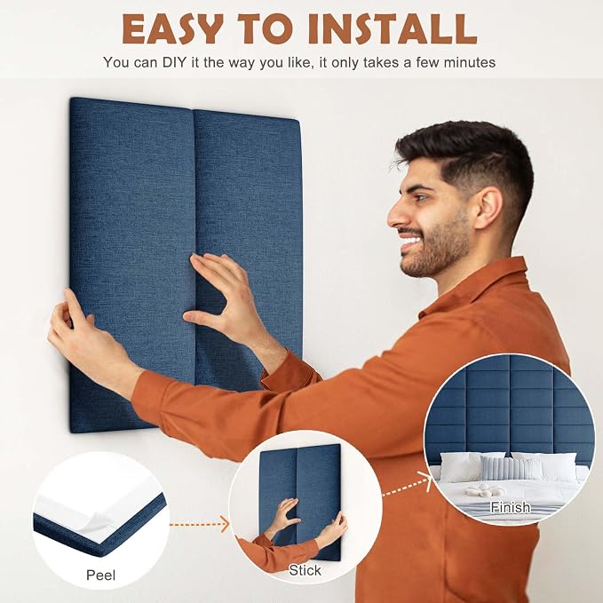 IFNOW Upholstered Wall Mounted Headboard, 3D Soundproof Wall Panels Peel and Stick for King Size, Reusable and Removable Tufted Bed Headboard in Navy Blue (12 Panels, 10" x 24")