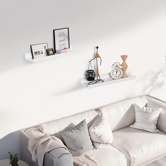 Muzilife 16" Floating Wall Ledge Shelves with Lip - Set of 2 Wood Floating Shelves - Widened White Wall Mounted Picture Ledge for Office, Bathroom, Bedroom, Living Room, Kitchen