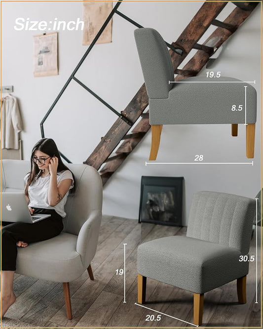 VIRRMO Armless Accent Chair for Living Room, Modern Slipper Chair With Solid Wood Legs, Makeup Vanity Fabric Comfy Upholstered Side Chair, Grey