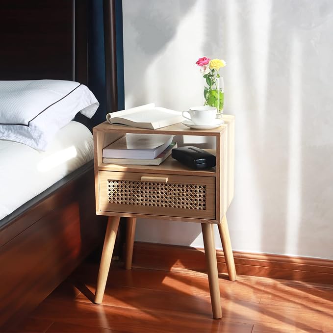 MaxSmeo Modern Nightstand Rattan Side End Table with Storage, for Living Room, Bedroom and Small Spaces, Accent Bedside Farmhouse Tables with Solid Wood Legs, Easy Assembly (Natural Walnut)