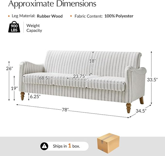 HULALA HOME Farmhouse Curved Couch with Stripe Pattern, 3 Seater Sofa with Solid Wood Spindle Legs and Rolled Wide Armrests, Comfy Upholstered Sofa for Living Room Bedroom, Grey