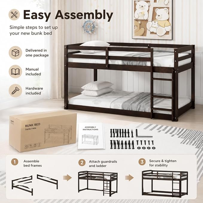 Twin Over Twin Bunk Bed, Low Profile Wooden Frame for Kids Bedroom, Floor Bunk with Ladder and Guardrails, Rubber Wood Construction, 13 Plywood Slats, No Box Spring Needed (Espresso)