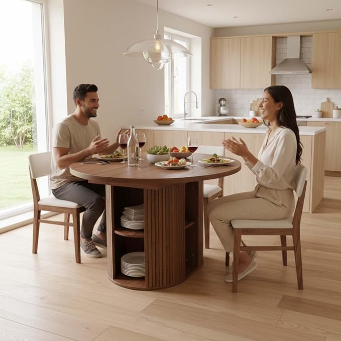 43.3''–59'' Extendable Round Dining Table for 4–8, Modern Wood Oval Kitchen Table with Storage Shelf, Space-Saving Expandable Circle Dinner Table for Dining Room or Living Room (Walnut)