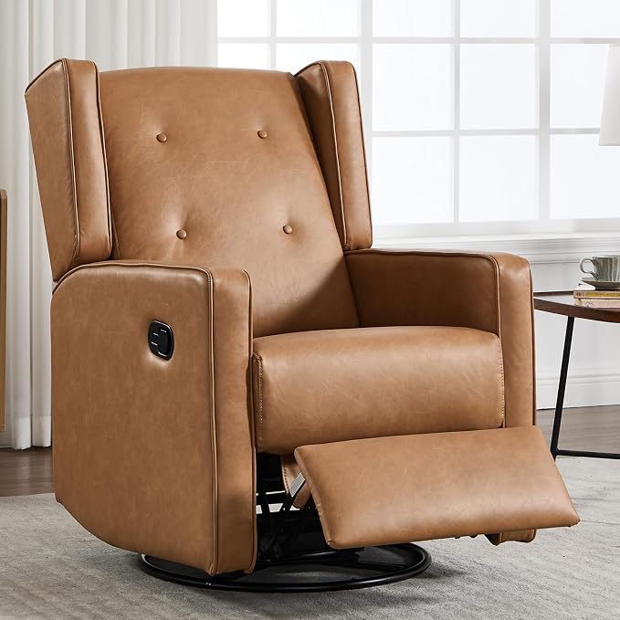 CANMOV Swivel Rocker Recliner Chair, Nursery Glider Chair, Nursery Rocking Chairs, Manual Reclining Chair, Brown