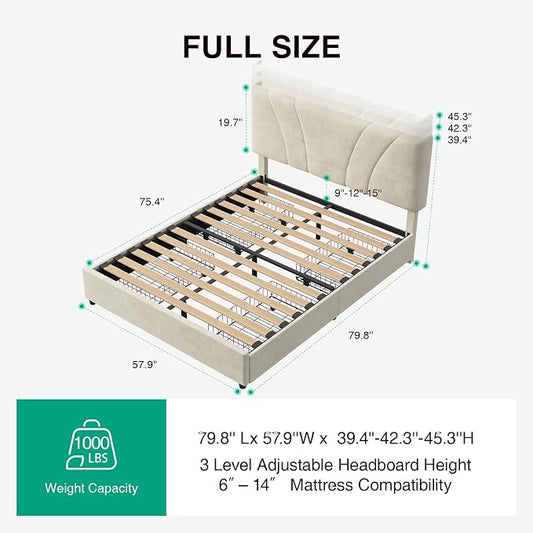Novilla Full Size Bed Frame with Drawers, Full Size Bed Frame with Headboard, Full Bed Frame with LED Lights, Charging Station and Adjustable Headboard, No Box Spring Needed, White Velvet