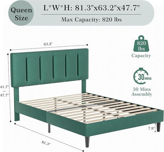 VECELO Queen Size Bed Frame with Adjustable Headboard, Upholstered Platform Bedframe with Wood Slat Support, No Box Spring Needed, Easy Assembly, Dark Green