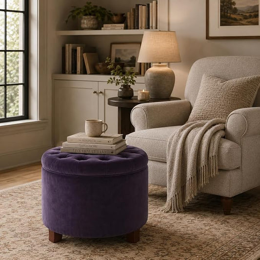HomePop 19" Velvet Button Tufted Round Storage Ottoman - Deep Purple