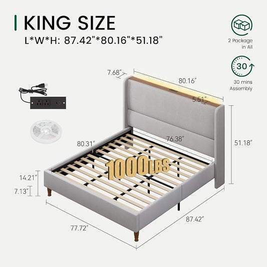 LARMACE King Size Bed Frame with LED Lights and Charging Station Linen Upholstered Platform Bed Frame with 51.2" Tall Wingback Headboard and Storage Shelf, No Box Spring Needed, Easy Assembly, Grey