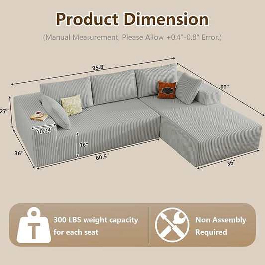 96" Modular Sectional Couch, Boneless L Shaped Cloud Sofa with Chaise Lounge, Corduroy Upholstered Couches Memory Foam Deep Seat, No Assembly Required, Ideal for Living Room(Light Gray, Right Facing)