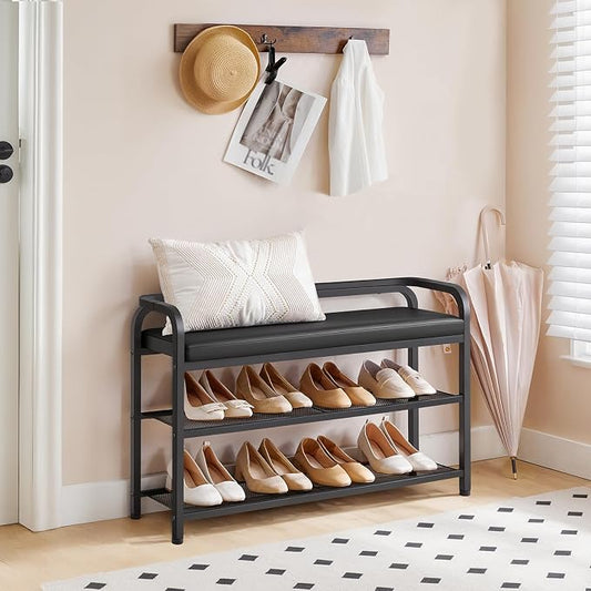 YATINEY Shoe Bench with Backrest, Entryway Bench, 2-Tier Shoe Rack with PU Padded Seat, Upholstered Shoe Storage Bench with Back, for Hallway, Entryway, Foyer, Bedroom, Black HX14BB