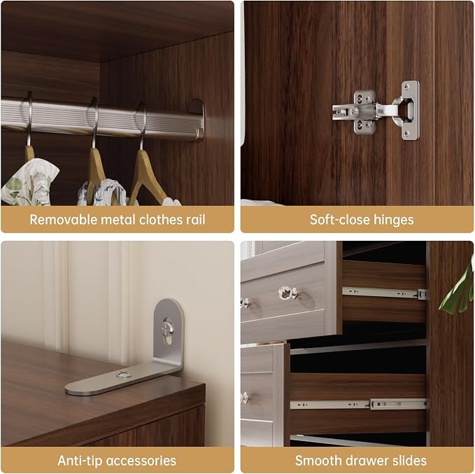 VOWNER Armoire Wardrobe Closet with Drawers and Mirror, 71" Clothing Storage Cabinet with Hanging Rod, 2 Doors Wooden Wardrobe Cabinet for Bedroom, Large Capacity Storage