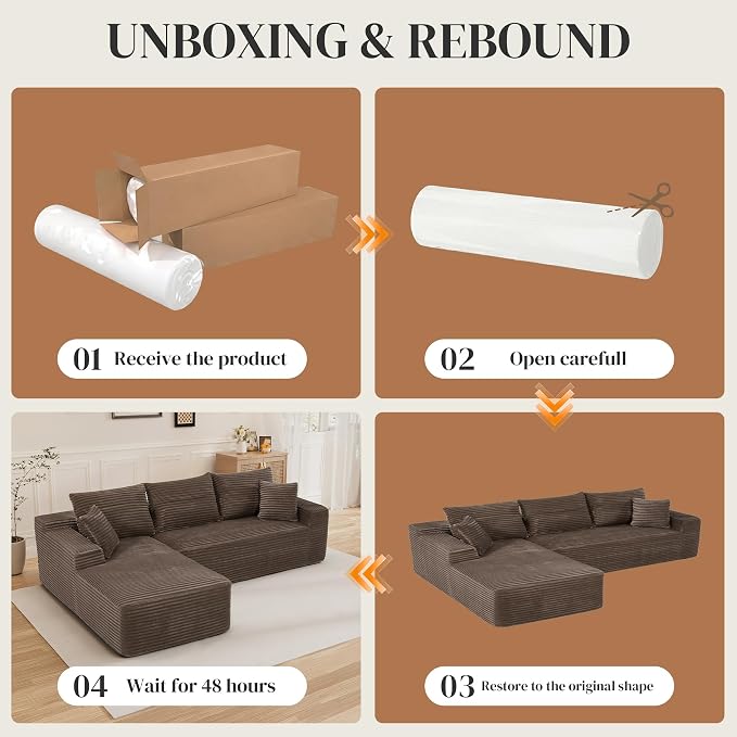 108" L Shaped Cloud Boneless Sectional Couches for Living Room, Modern Comfy Modular Deep Seat Memory Foam Compressed Corduroy Sofa Oversized Left Facing Chaise, No Assembly Required, Brown