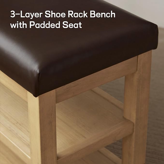 Zihanhome Shoe Rack Bench with Leather Cushion, 2 Tier Solid Wood Storage Bench, Mid-Century Modern Shoe Bench for Entryway, Hallway, Closet, Front Door Entrance, Foyer (Dark Brown, 31.5)