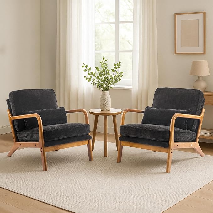 Karl home Mid Century Modern Accent Chair with Lumbar Pillow & Oak Arms – Plush Chenille Living Room Chair for Bedroom, Lounge (Black)