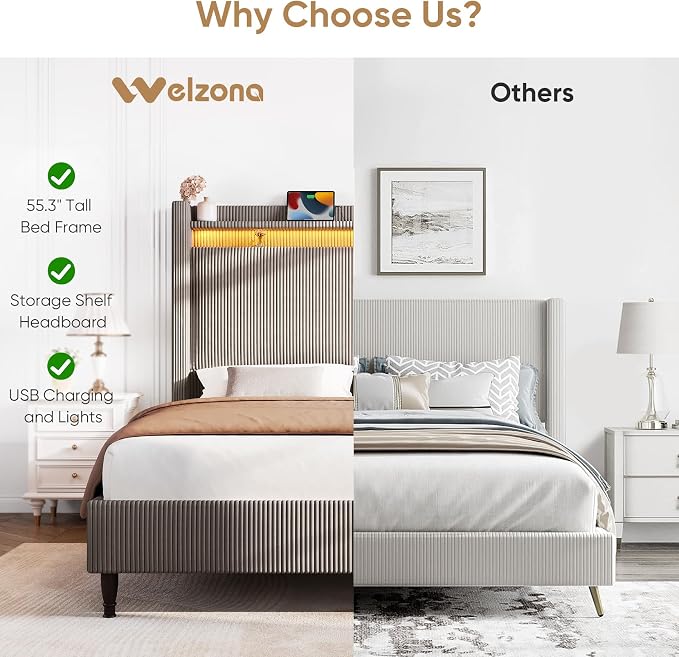 Queen Bed Frame with Tall Headboard, 55.3" Upholstered Platform Bed with LED Lights & Charging Station, Elegant Corduroy Bedframe, 2-tier Storage Wingback Headboard, No Box Spring Needed, Gray Brown