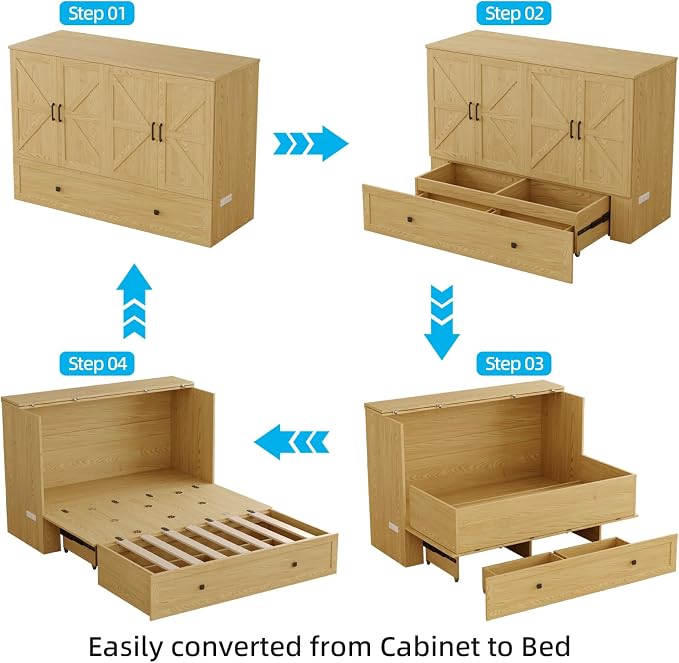 LIVAUVEAD Murphy Bed Queen with Storage & Charging Station, Murphy Cabinet with Foldable Panel, Noisy Free, for Guest Bedroom, Living Room, Office, Distressed,Natural