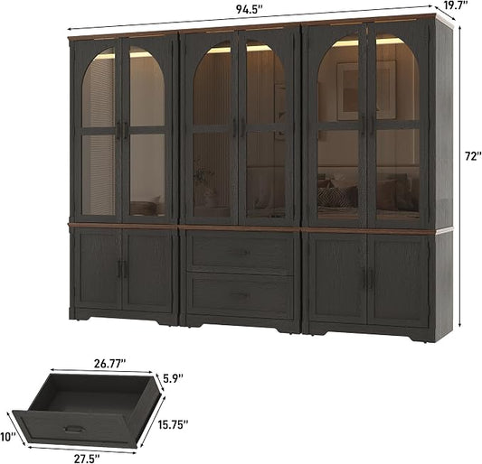 Tall Farmhouse 6 Doors Armoire Wardrobe Closet with LED ,72" Freestanding Arched Wardrobe Closet Cabinet for Bedroom w Glass Doors/Drawers,Wooden Clothing Storage Cabinet,Closets for Bedroom(Black)
