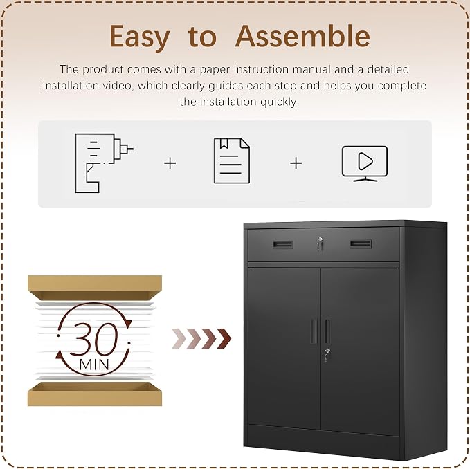 36" H Metal Cabinet, Garage Storage Cabinet, Locking Storage Cabinet, Metal Cabinets with Doors and Shelves for Home, School, Office, Garage, Black