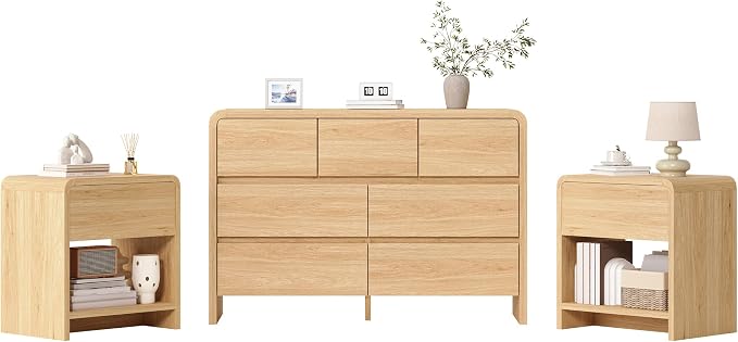 AMERLIFE Modern 3-Piece Bedroom Furniture Set with 7-Drawer Dresser and 2 Nightstands, Large Storage Capacity, Rounded Corners, Flexible Combination Design, Anti-Tip Kit Included, Light Oak