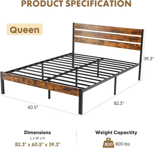 OLIXIS Queen Platform Bed Frame with Wooden Headboard and Footboard, Heavy Duty Metal Slat Mattress Base, 800 LBS Weight Capacity, Sturdy Stable Structure, No Box Spring Needed, Quick Simple Assembly