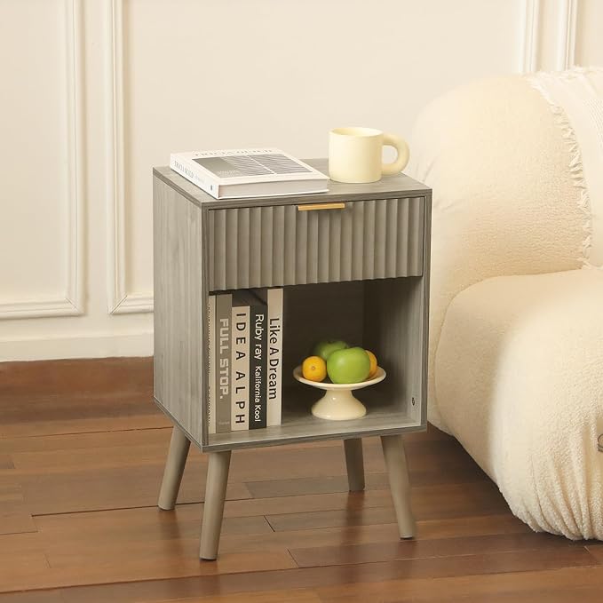 Fultyle Grey Wood Nightstand with Charging Station, Modern Bedside Table with Fluted Drawers and Storage Shelf, End Side Tables Living Room for Bedroom, Office (Grey)