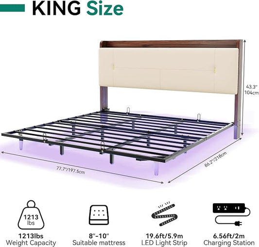 YITAHOME Queen Size Floating Bed Frame with Charging Station, Led Bed Frame with Hidden Storage Headboard, PU Upholstered Platform Bed, Heavy Duty Metal Slats, No Box Spring Needed, Light Grey