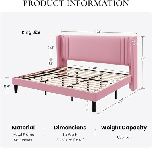 SHA CERLIN King Size Velvet Upholstered Platform Bed Frame with Vertical Channel Tufted Wingback Headboard, Wooden Slats Support, Easy Assembly, Under Bed Storage, No Box Spring Required, Pink