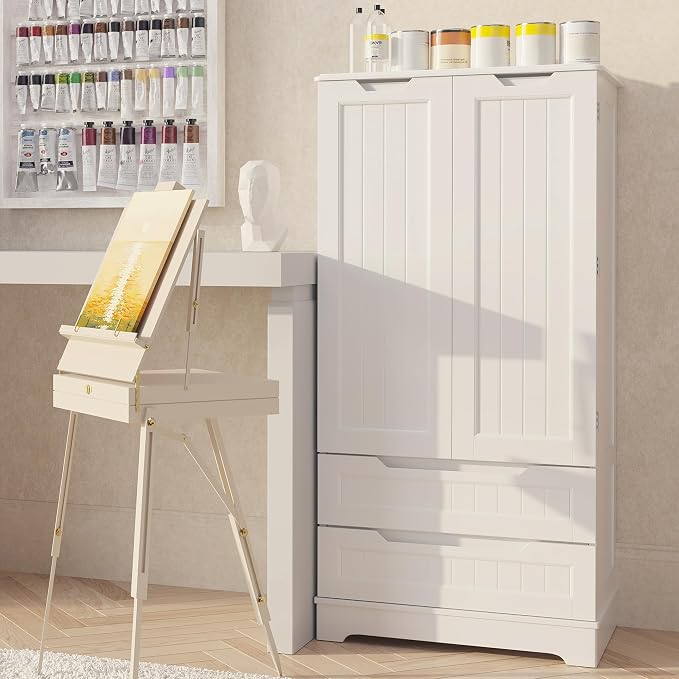 Gizoon Kitchen Pantry Cabinet with Drawers for Ding Room, 47" Small Food Pantry Storage Cabinet with 6 Door Shelves for Snack and Spice, Craft Storage Cabinet for Craft Room, White, Painted