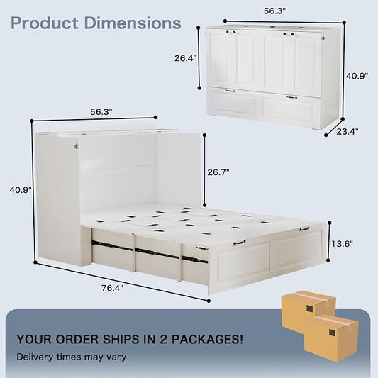 Full Murphy Bed Cabinet: White Cabinet Bed with Charging Station, Cube Murphy Beds with Drawers, Modern Hidden Beds for Small Spaces, Guest Room and Office