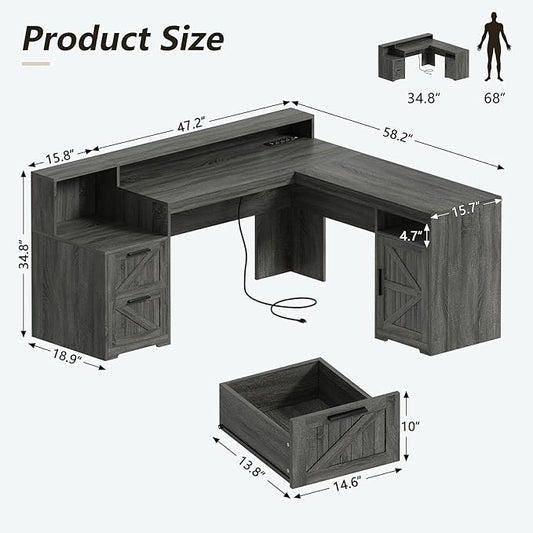 YOMILUVE 63" Farmhouse L Shaped Executive Desk with Drawers & Storage Shelf, Corner Computer Desk with Power Outlets, L Shaped Office Desk with Monitor Stand, Printer Shelf, Dark Gray