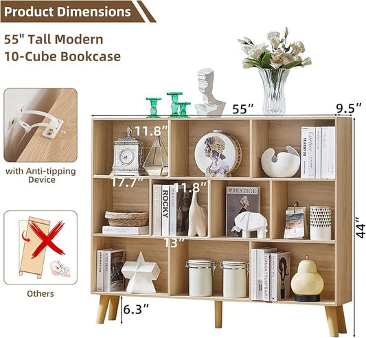 LEYAOYAO 10 Cube Bookshelf, 3 Tier Vintage 55" Wide Bookcase with Legs, Mid-Century Wood Bookshelves Storage, Light Wood Large Book Case, Freestanding Organizer Display Shelf for Living Room, Office