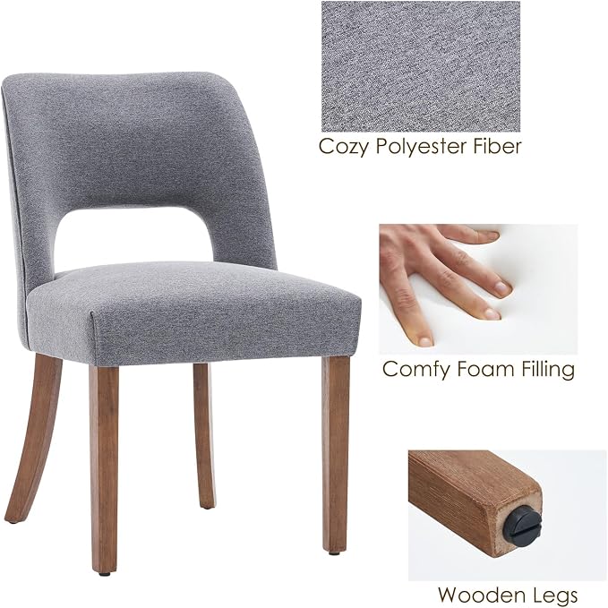 VKNOW Wooden Dining Chairs Set of 2, Modern Fabric Upholstered Dining Room Chair Kitchen Chairs, Farmhouse Dinner Chair for Kitchen Dining Room, Fabric Grey