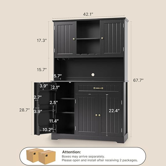 Gizoon Kitchen Pantry Cabinet with Countertop Kitchen Hutch Storage Cabinet 67.7" Tall Pantry Coffee Bar with Storage for Dining Room and Craft Room, Painted Black