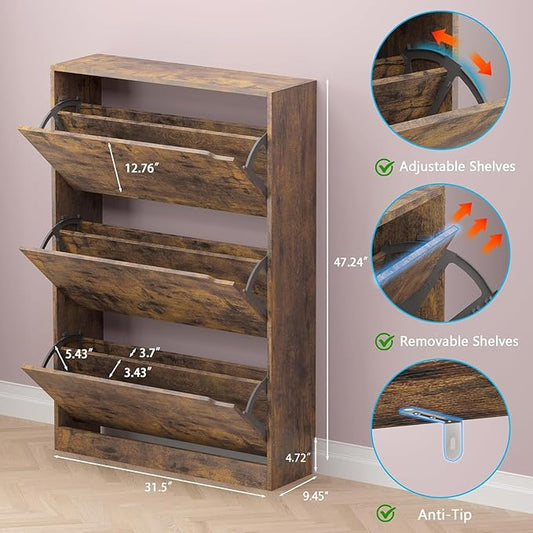 BORNOON Shoe Cabinet with 3 Flip Drawers, Hidden Wood Shoe Cabinet,Freestanding Shoe Storage Cabinet for Entryway Hallway