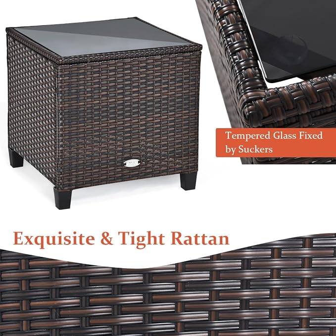 COSTWAY 3PCS Patio Furniture Set, PE Rattan Wicker Sofa w/Washable Cushion and Coffee Table, Tempered Glass Tabletop, Outdoor Conversation Set for Balcony, Porch, Yard, Backyard, Lawn (Orange)