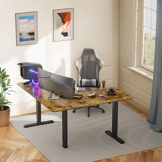ErGear L Shaped Standing Desk, 63"x55" Electric Adjustable Height Sit Stand up Desk, Ergonomic Large Computer Table, Left & Right Interchangeable Installation, Suitable for Home Office, Vintage Brown