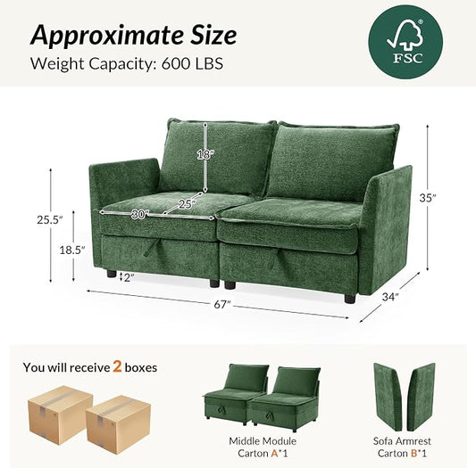HULALA HOME 67'' Modern Chenille Loveseat Sofa, 2 Seater Couch with Storage, Comfy Deep Seat, Small Loveseat Couches for Living Room Furniture with Pillows, Easy to Install, Green