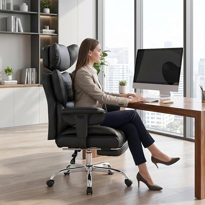DUMOS Big and Tall Home Office Desk Chair, Ergonomic Executive Chair with Footrest, Computer Gaming Chairs with High Back Reclining, Adjustable Armrests and Comfy Lumbar Support, PU Leather, Black