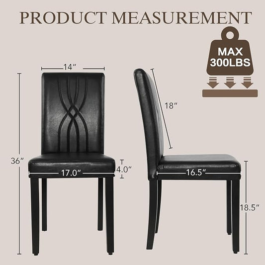 LSSBOUGHT Modern Dining Chair Set of 2,Urban Style Leather Kicthen Chairs with Solid Wood Legs for Dining Room and Restaurant (Black-Quilted backrest)