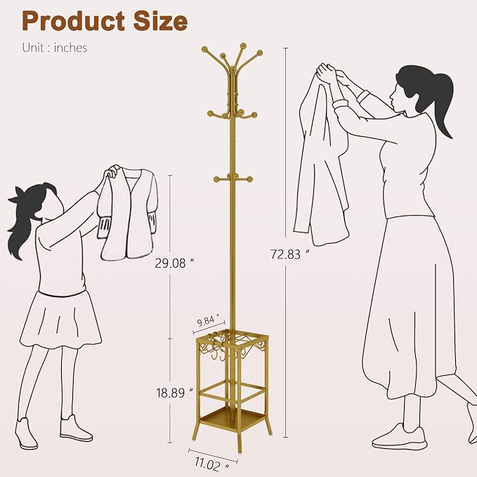 Hoctieon Coat Rack Freestanding, Coat Tree with Umbrella Holder, Metal Coat Rack Stand with 12 Hooks, Standing Coat Hanger Stand, Umbrella Stand for Entryway, Hat Rack Stand for Home Office, Gold