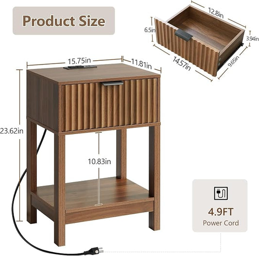 Nasonet Night Stand Set 2, Fluted Nightstand with Charging Station, Wood Bedside Table with Drawer & Storage Shelf, Modern End Tables for Bedroom Sofa Couch Office, Walnut
