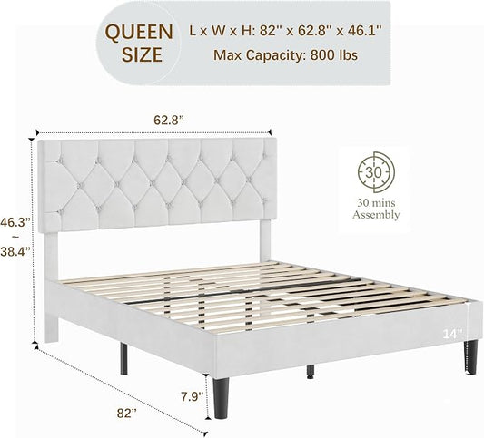 VECELO Queen Size Bed Frame with Diamond Tufted Headboard, Upholstered Platform Bedframe with Wood Slat Support, No Box Spring Needed, Velvet & White